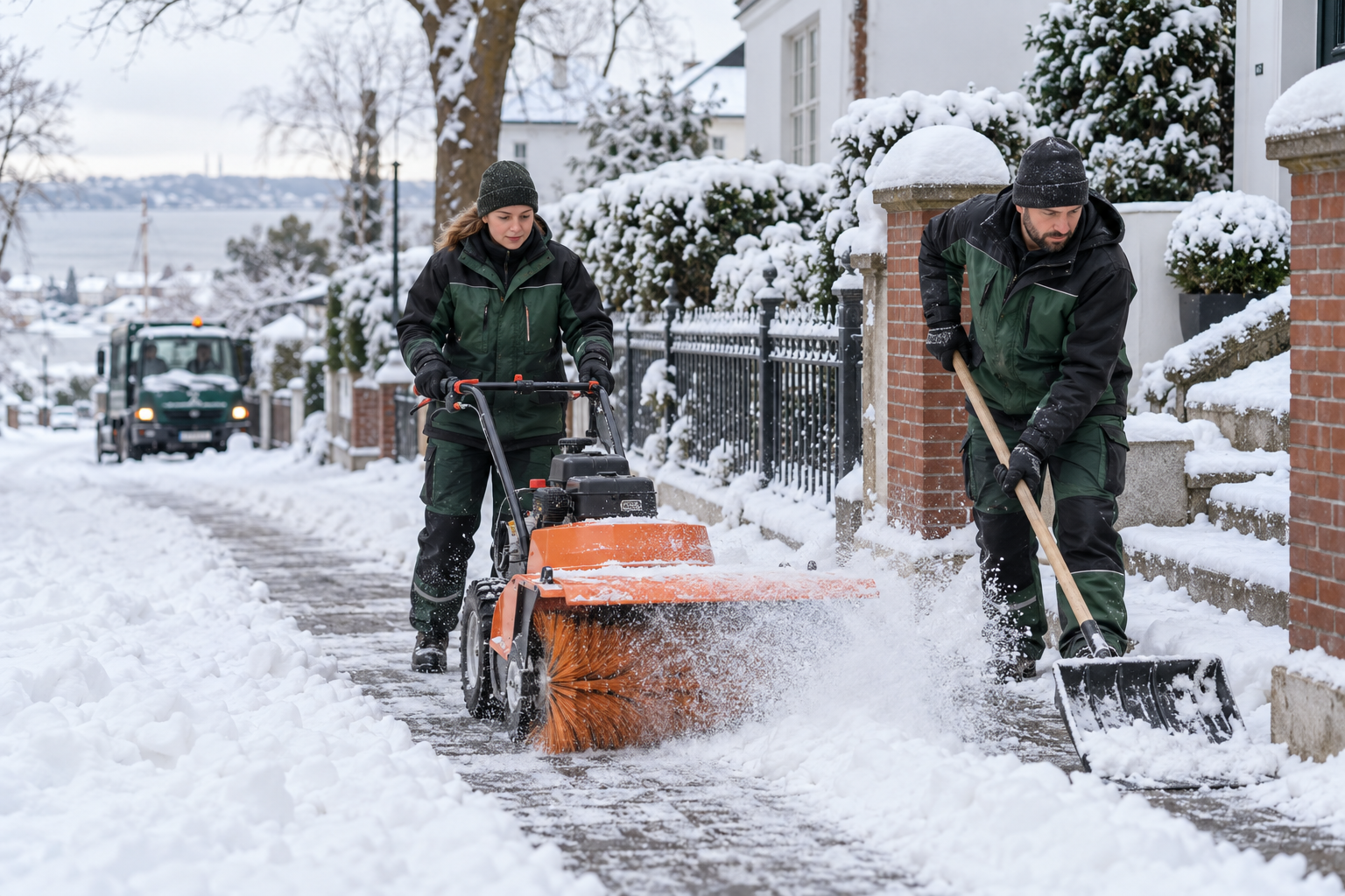 Winterdienst-Team bei der gemeinsamen Schneeräumung mit Kehrmaschine und Schaufel